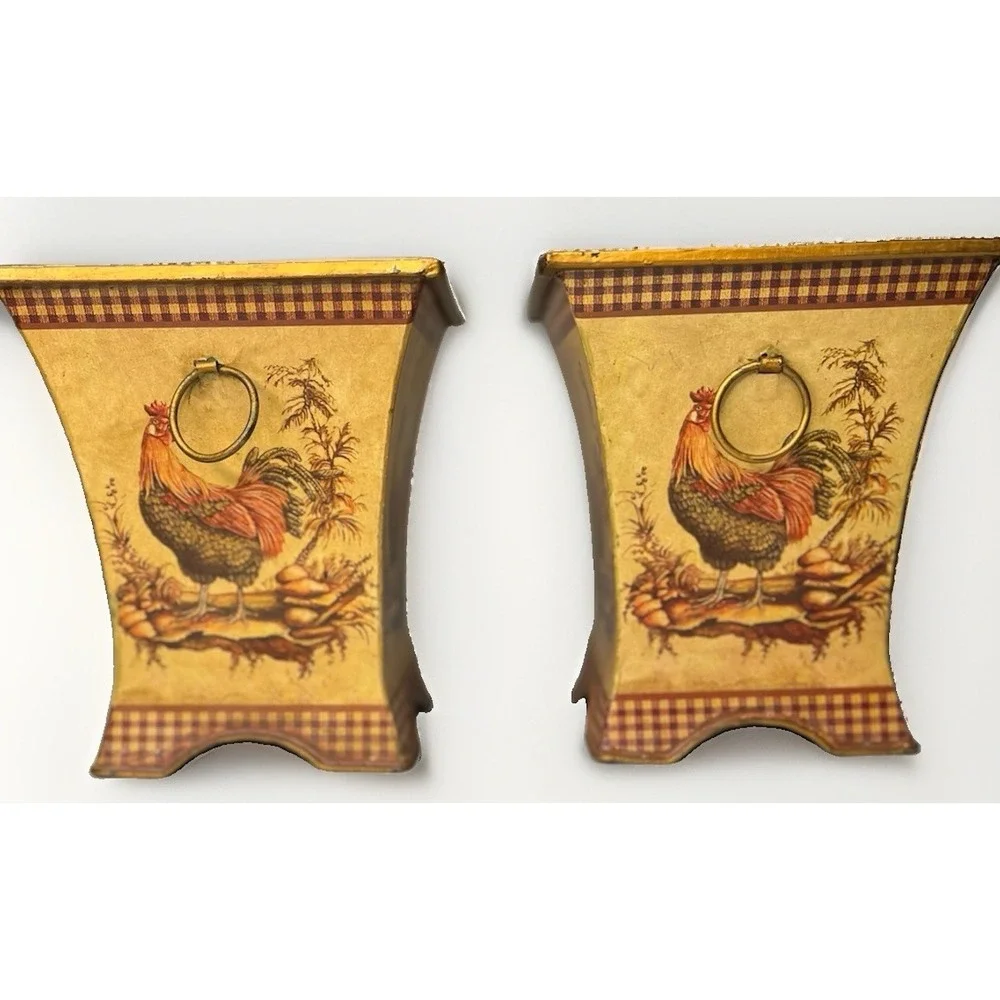 Pair Rooster Metal Cachepot Planters Ring Handles French Country Farmhouse